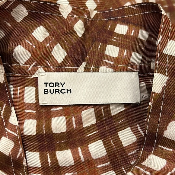 Tory Burch Abstract Gingham Check Pattern Silk Tie Blouse New Size 4 - Picture 11 of 13